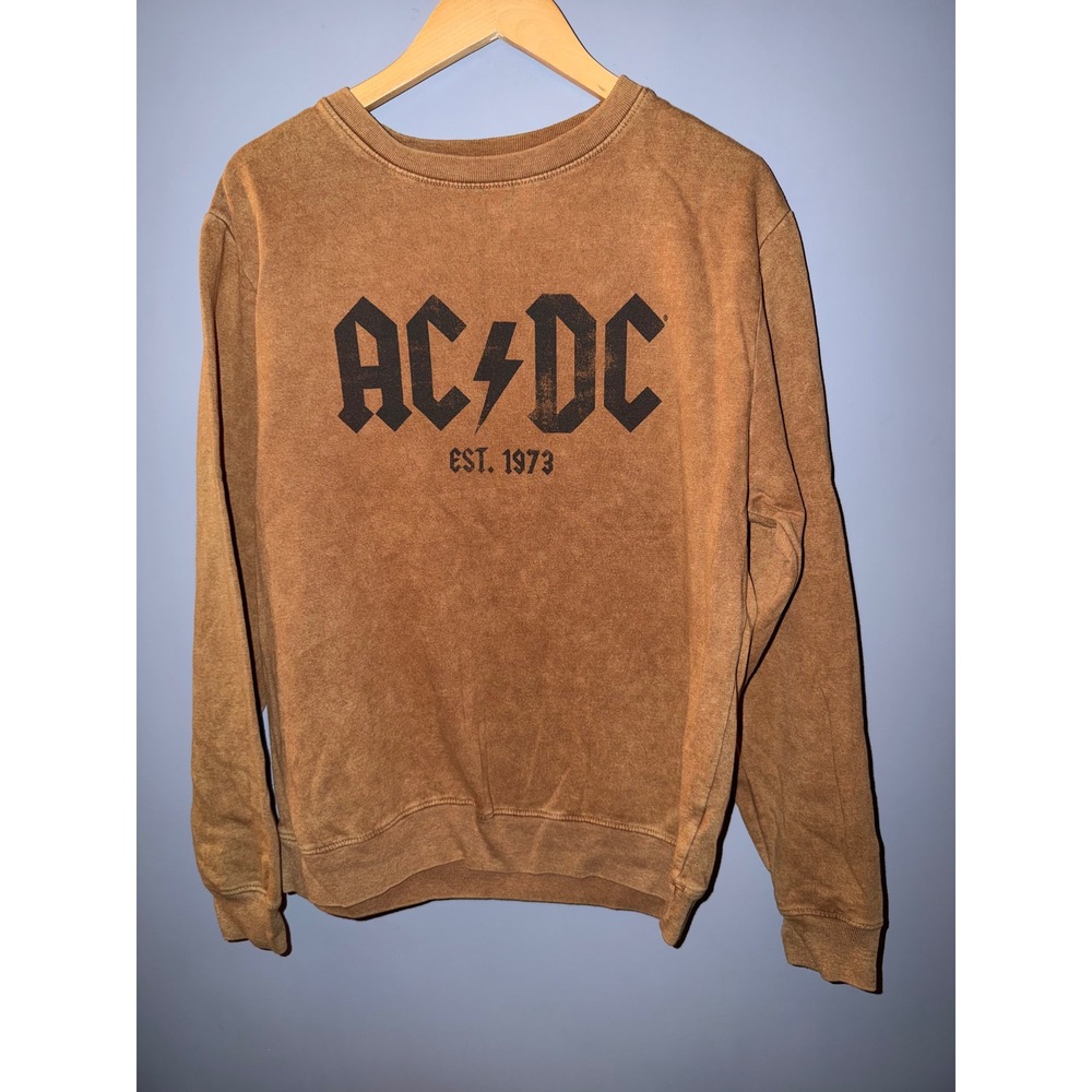 AC/DC Graphic Sweatshirt Mens Medium Brown Acid Wash Est 1973 Band Pullover
